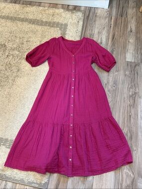 Sonoma Fuchsia V-Neck Button-Front Midi Dress — 100% Cotton